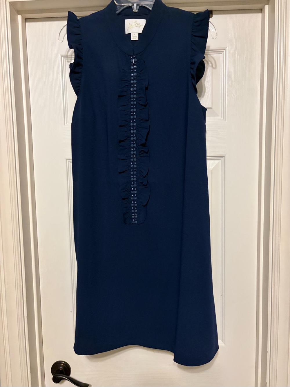 Lilly Pulitzer navy zip front beaded trim dress sleeveless ruffles sz 8 NWOT